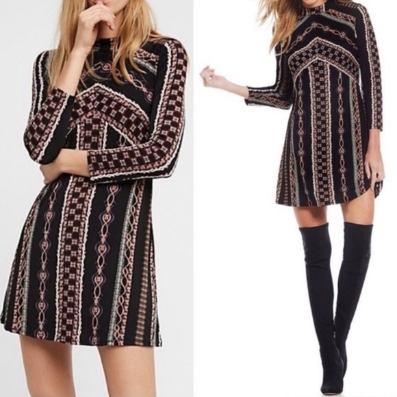 Free People Stella Graphic Long Sleeve Mini Dress M Zip Back Geometric MockNeck - Picture 6 of 15
